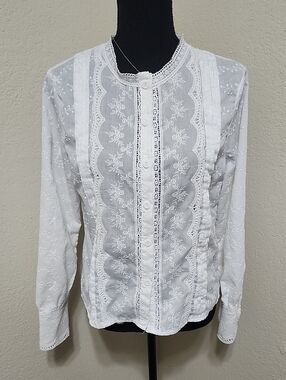 Poéselle White Floral Eyelet & Lace Blouse Victorian Cottagecore Prairie Top  M
